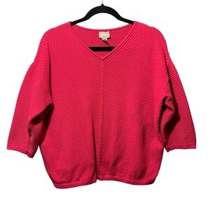 Chico's Textured Rib Knit V-Neck‎ Sweater Pink 3/4 Sleeve Size 2 L 12-14